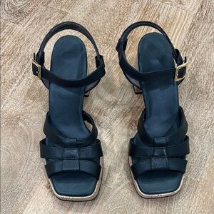 Paul Green Black Leather Cork Block Heel Platform Sandals Ankle Strap Women 9